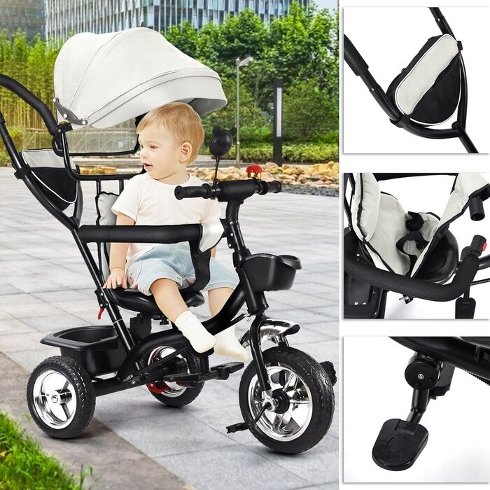 Триколісний велосипед 4-в-1 для дітей від 1 року з батьківською ручкою – дитячий триколіс для 1-4 роки до 25 кг, регульована батьківська ручка, поворотне сидіння, складаний навіс та кошик – компактний та безпечний (світло-сірий)