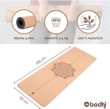 Йога-мат Bodhi з корку та натурального каучуку, 4 мм, екологічний, нековзкий, ідеально для хот-йоги, 185×66×0,4 см, різні мотиви