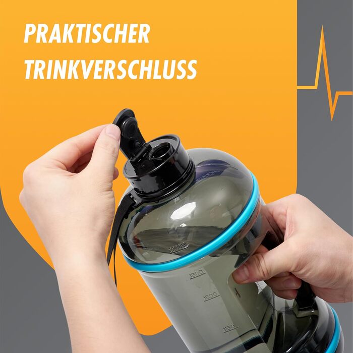 Водяний глечик High Pulse® з насадкою для пиття + кришка (2,2 л) – витокозахисна пляшка для фітнесу та силових тренувань – 100% BPA-free, підходить для газованої води, чорний