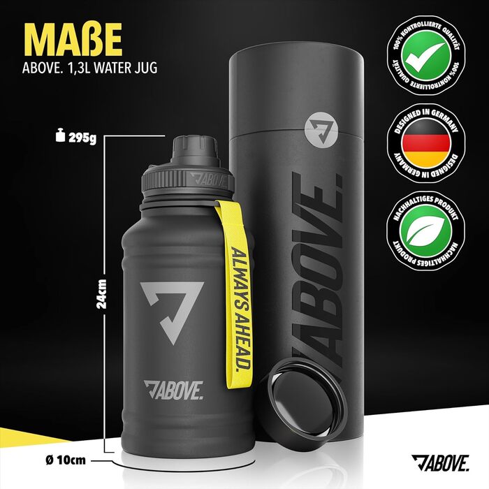 Сталева фляга ABOVE 1.3L/2.2L – без BPA, не протікає, міцна – 2L металева пляшка з додатковим клапаном для спорту, фітнесу та активного відпочинку | Преміум-якість, подарункова коробка (Чорний, 1300 мл)
