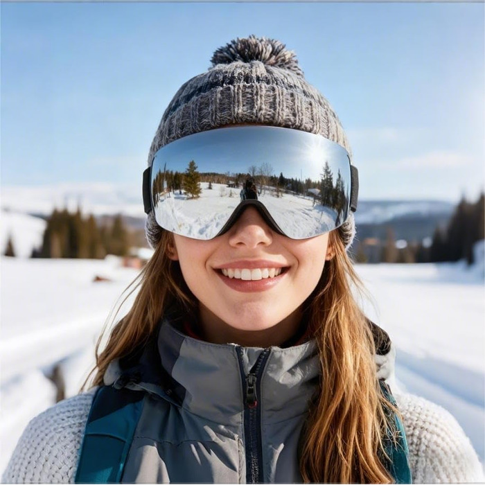 Скі-маска для дорослих (чоловіків та жінок), YH227 сноуборд маска для носіїв окулярів, захист від запотівання OTG, UV-захист, антиковзне наголов'я, повне REVO-дизайн, білий/срібний, VLT 13% (чорний/срібний - VLT 13%)