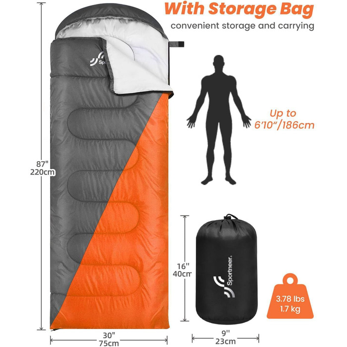 Сплячий мішок Outdoor Sportneer для кемпінгу: 3-4 сезонний літній спальний мішок, зимовий, компактний, легкий, для дорослих, 220x75 см, оранжево-сірий