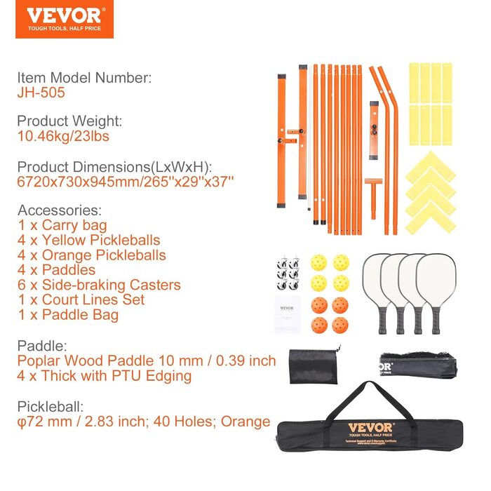 Набір для піклболу VEVOR: портативна система, сітка, м'ячі, ракетки, лінії поля та аксесуари (6,7 м, вологостійкий)