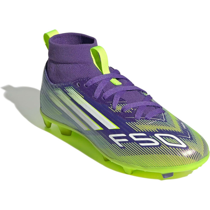 Дитячі футбольні бутси adidas F50 League Mid для гри на твердих/багатоповерххових покриттях, розмір 38 EU, колір Purple Rush Cloud White Lucid Lemon