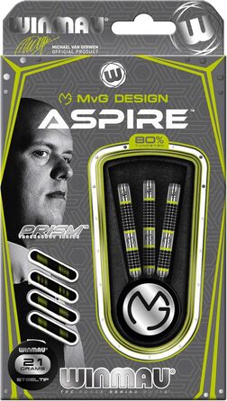 Дротики WINMAU Michael Van Gerwen MvG Aspire з вольфраму 21 г, сталевий наконечник, призмові крила та нейлонові хвостовики