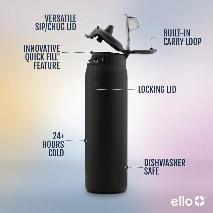 Термобутилка Ello Pop & Fill з нержавіючої сталі, вакуумна ізоляція, швидке наповнення, герметична кришка, багаторазова пляшка для води