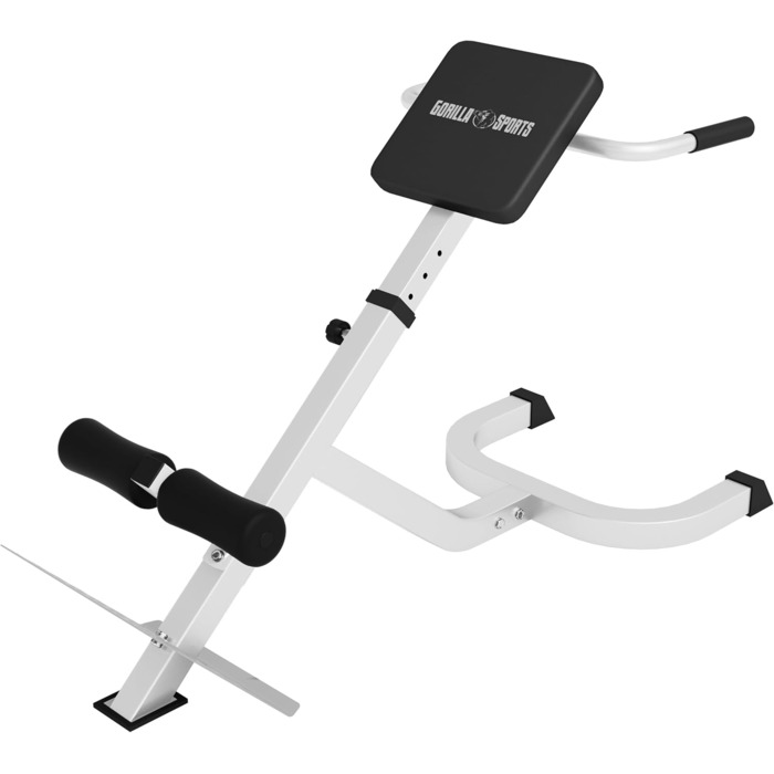 Рік-тренажер GORILLA SPORTS® з регулюванням, до 120 кг, з фіксацією ніг, чорний/білий. Для тренування спини, пресу та м'язів кора. Ідеально для дому.