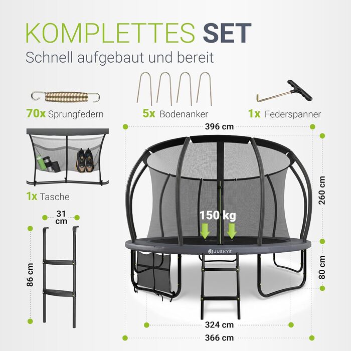 Трамплін Juskys SkyBounce Ø 228/305/366 см - Outdoor з сіткою, драбиною та пружинами PowerSpring