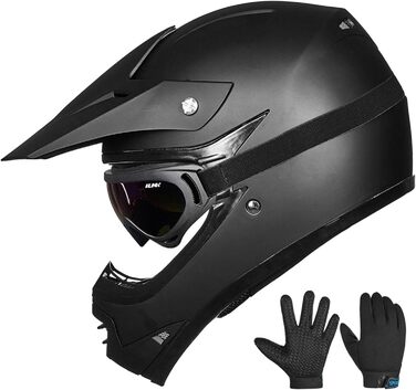 Дитячий мотоциклетний шолом ILM Motocross з окулярами та рукавичками, ECE сертифікований (S, Матовий чорний)