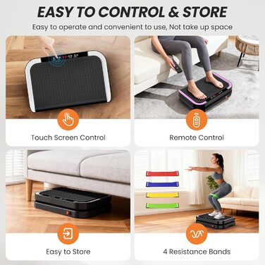 Віброплатформа для фітнесу з 200 рівнями інтенсивності, 9 програмами, Bluetooth, пульт, резинки, до 200 кг, для дому
