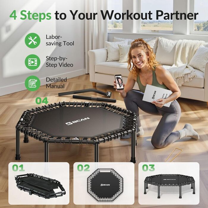 Трамплін для дому BCAN Fitness, діаметр 102/122/130 см, пружинний/з еластичними тросами, для дорослих до 250 кг, з регульованими ручками, тихий та з низькою вібрацією, зелений 102 см