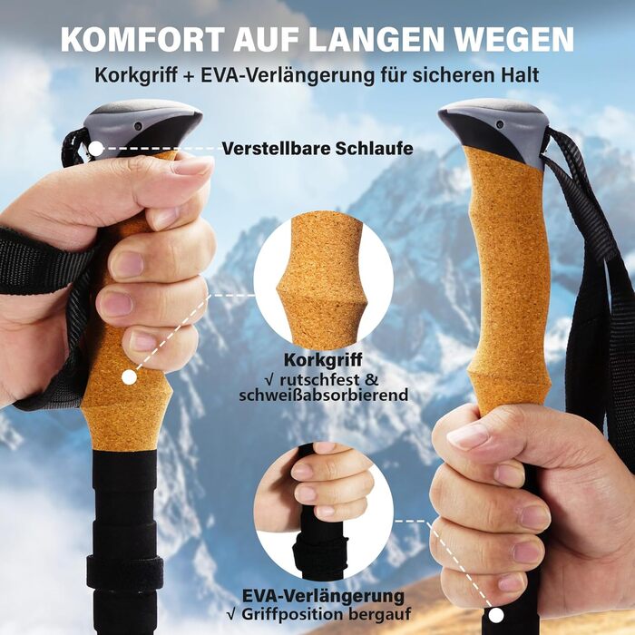 Складані трекінгові палиці для ходьби (2 шт), карбон 3K та алюміній 7050, регульовані 110-135 см, коркова ручка з EVA, сірі