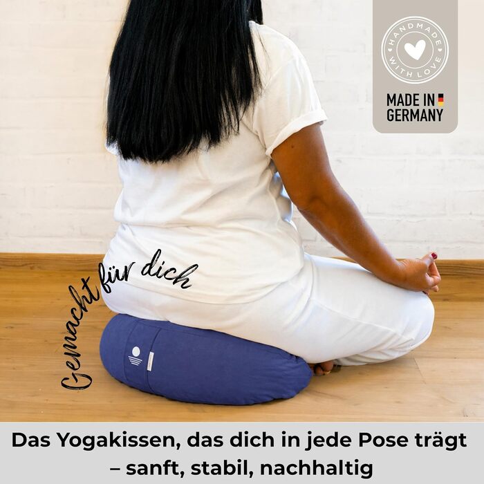 Подушка для йоги та медитації Inner Peace Halbmond (42x20 см), синя. Бавовна, гречане лушпиння, знімний чохол.