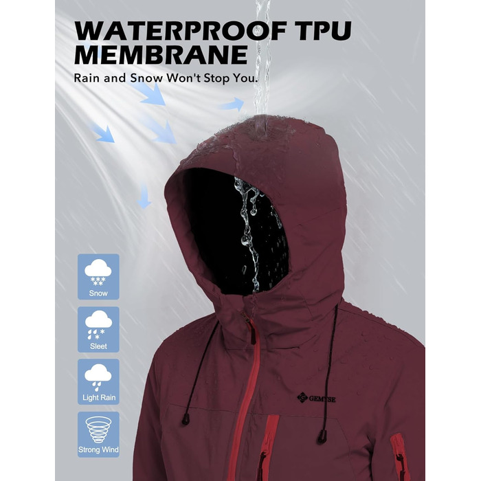 Жіноча лижна куртка GEMYSE з інтегрованими захисними ременями. Тепла водонепроникна вітронепроникна куртка-сніговик для активного відпочинку (XL, Темно-червоний)