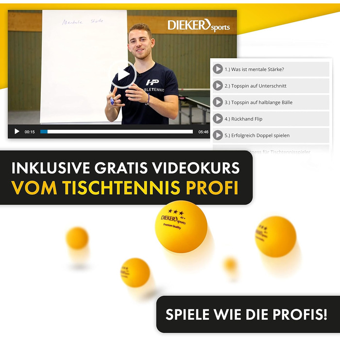 Преміум тенісні м'ячі Dieker Sports 3 зірки - [12, 42 та 100 шт] - з відеокурсом - [м'ячі для пінг-понгу преміум класу] - Відповідно до стандарту ITTF - М'ячі для настільного тенісу, аксесуари для настільного тенісу 12 шт.