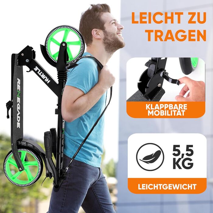 Міський ролер Hurtle Roller Kinder 10 років, складний та регульований по висоті (84–98 см), самокат для дітей та дорослих зі стійкою, з ремінним плечем, до 100 кг (Runner)