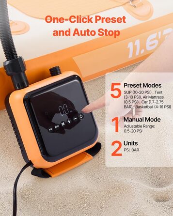 Електрична SUP-насос VEVOR з USB-виходом, 2-ступенева автоматична насос для надувних SUP, наметів, 40 PSI, 12V DC, LED-підсвічування