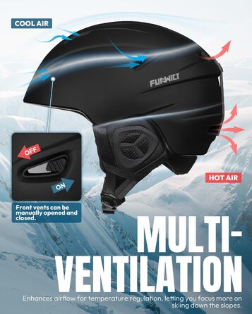 Шолом для лижного спорту, унісекс, чорний, 59-61 см. Регульований, з 12 вентиляційними отворами та знімним підкладкою та навушниками