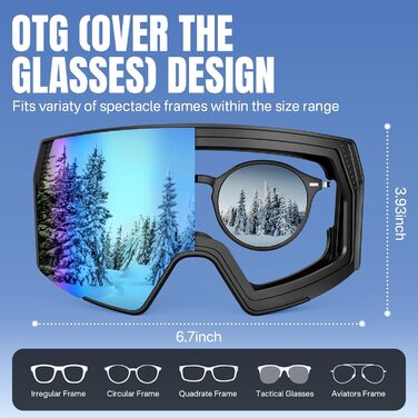 Скі-маска OTG для носіння з окулярами, Магнітна скі-маска для сноуборду з антизапітніюючим покриттям та 100% захистом від УФ-променів, скі-маска для чоловіків та жінок для катання на лижах та зимових видів спорту, блакитне скло