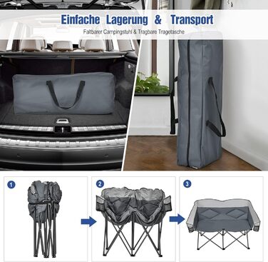 Кемпінговий стілець COSTWAY на 2 особи, розкладний з підлокітниками та підстаканником, вантажопідйомність 226 кг, для риболовлі та відпочинку