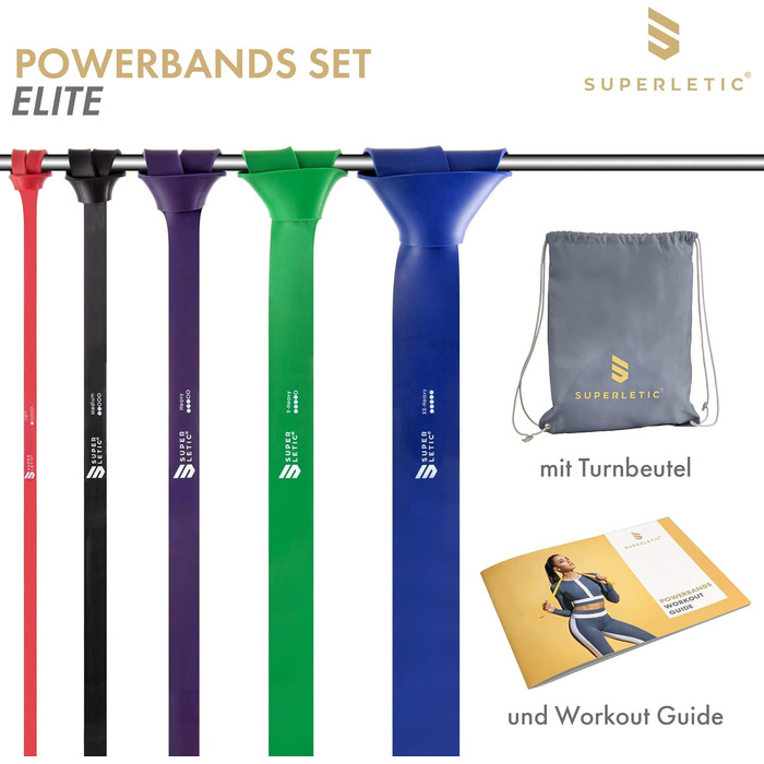 Силові стрічки SUPERLETIC Powerbands для фітнесу, резинові еспандери різної жорсткості, для підтягувань, тренувань з власною вагою, 5 рівнів опору, з тренувальним гідом