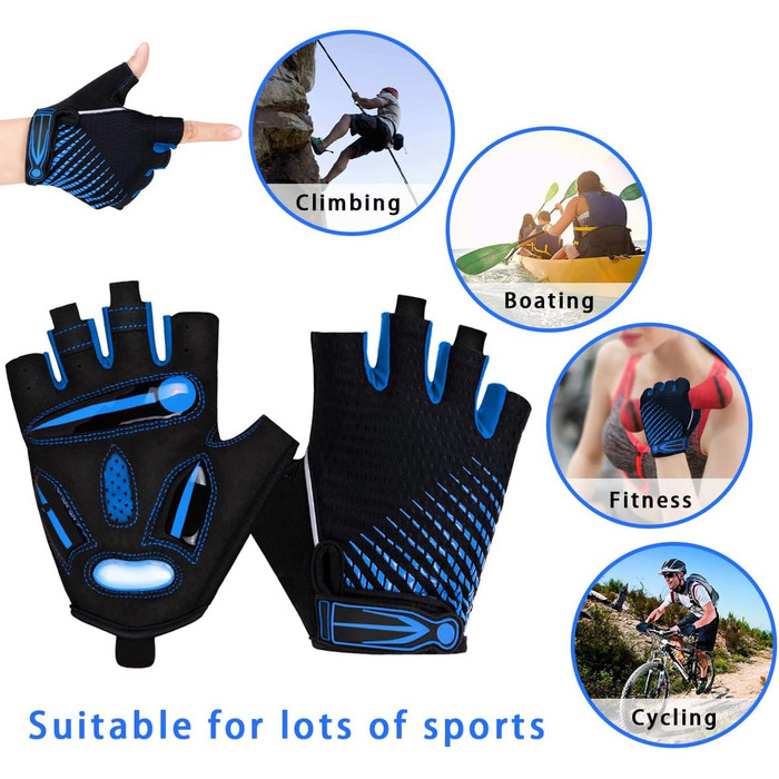 Велосипедні рукавички без пальців з гелевою підкладкою для жінок та чоловіків, дихаючі, неслизькі, для шосе, MTB, тренувань, фітнесу, синього кольору, розмір M