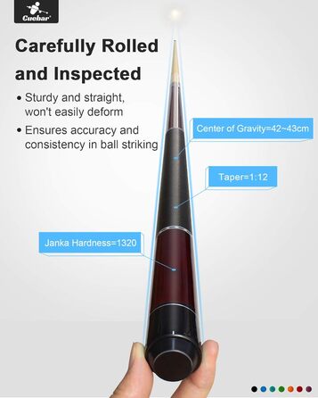 Більярдні киї CUEBAR для дорослих, 147 см, 2-секційні, з ручкою з екошкіри, різні кольори (7 кольорів), вага 510-595 г