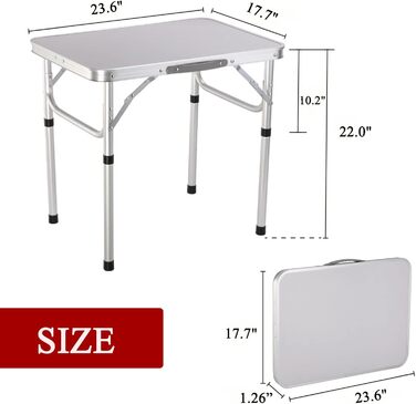 Складаний столик 60 см, портативний, для кемпінгу та пікніків, сад, на вулицю. Складаний стіл з алюмінієвим каркасом, регульована висота, 60 x 45 x 26 см, білий