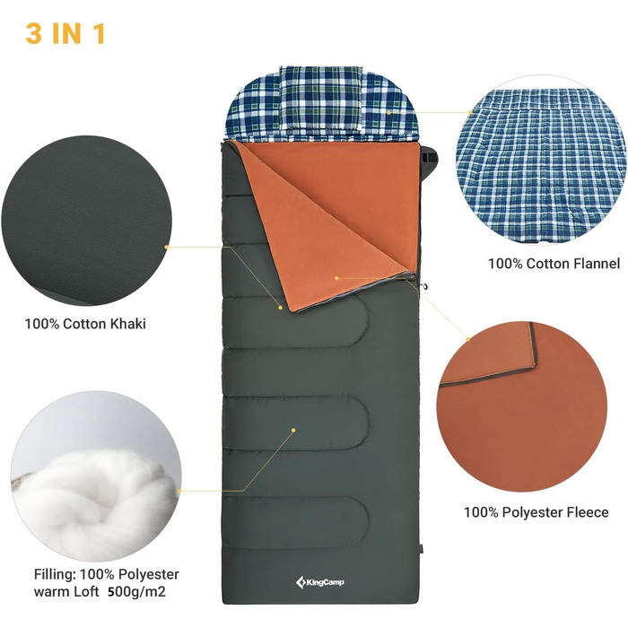 Сплячий мішок KingCamp для дорослих 3 в 1 з знімною ковдрою, зимовий, XXL, бавовна фланель, легкий, портативний, теплий (оливковий, наповнювач 500г/м²)