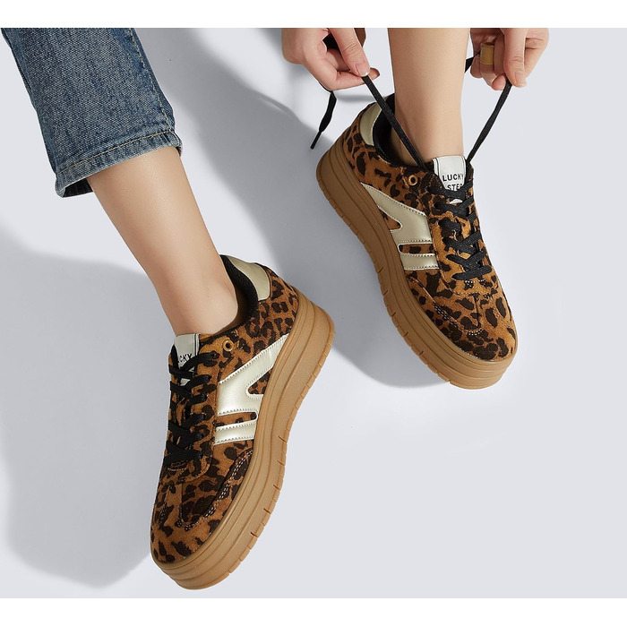 Кросівки LUCKY STEP Plateau Sneaker для жінок - платформа, канвас, ретро стиль, низький профіль, зручні для повсякденного носіння, бежево-зелені (41 EU, леопард)