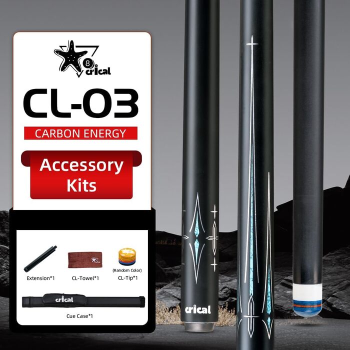 CRICAL Billardqueue з карбонового волокна, 12,5 мм наконечник, 147,3 см, професійний пул-стик для дорослих, повна карбонова технологія, низька деформація, комплект більярдних стиків