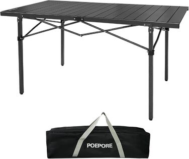 Стіл для кемпінгу Poeopore, розкладний, алюміній, великий, на 4-6 осіб, чорний, 140 x 70 x 70 см