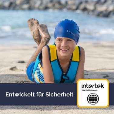 Плитка для плавання Liys Schwiweste для дітей - допоміг для плавання з регульованою плавучістю, сертифікат CE, переможець тесту на Vergleich.de, м'який неопреновий комір, безпечне та надійне виконання, з сумкою для перенесення (L, блакитний)