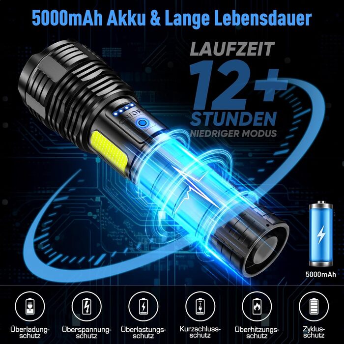 LED ліхтар Sidark 500000 люмен: тактичний, надпотужний, водонепроникний, з бічним світлом, 9 режимів, для кемпінгу та надзвичайних ситуацій