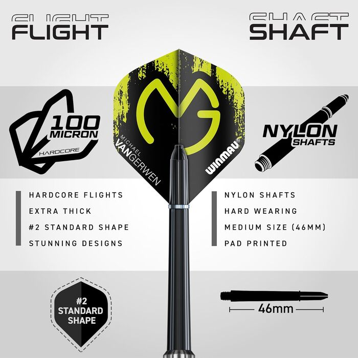 Подарунковий набір дартсу Winmau Michael Van Gerwen MvG, 50 елементів: 4 комплекти стрижнів, 4 комплекти оперень, аксесуари, Softip