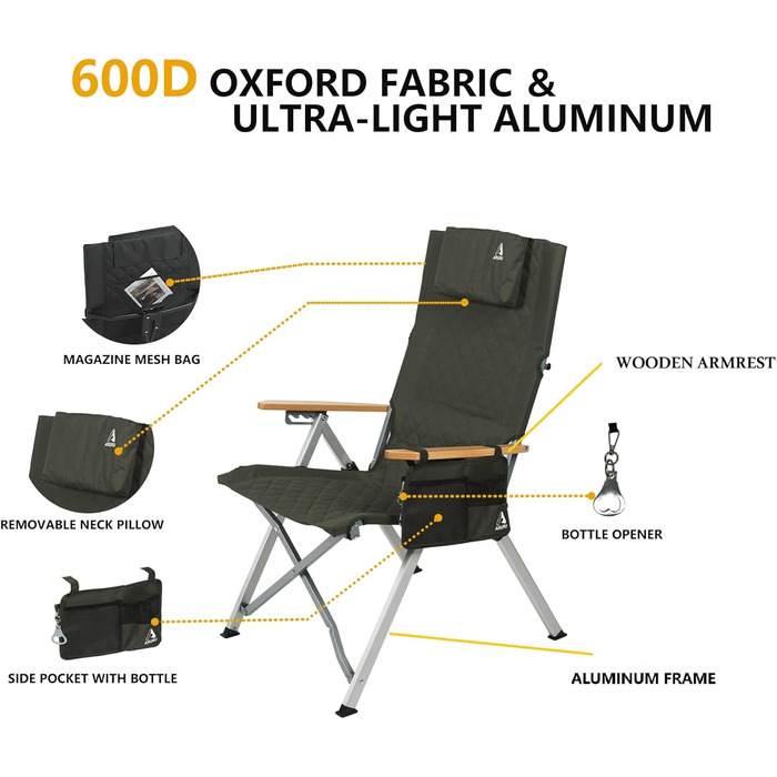Крісло для кемпінгу складне, з високою спинкою, регульована спинка в 4 положеннях, до 150 кг, для саду, риболовлі, відпочинку на природі (зелене)