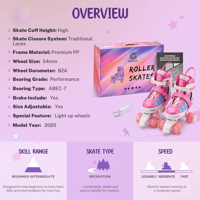 Розкладні роликові ковзани Gonex з підсвічуванням для дівчаток, хлопчиків, дітей та дорослих (B-STERN ROSA, розмір 31-34)