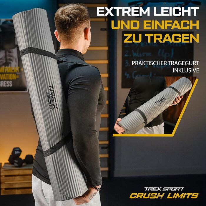 TREX SPORT Килимок для гімнастики та фітнесу | Товстий та м'який, 190x80x1 см, з ручкою для перенесення, неслизький, сірий | Килимок для йоги