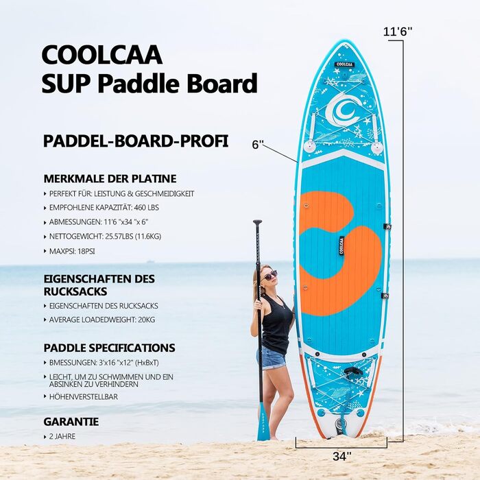 Надувна SUP-дошка COOLCAA 354x86x15 см з аксесуарами, вантажопідйомність до 210 кг, для дорослих і підлітків, преміум-якість