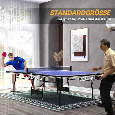 Стіл для пінг-понгу SPORTNOW Mid Size, розкладний, з роликами та сіткою, 3 м'ячі, 12 мм, вологостійкий, для гри в приміщенні та на вулиці, 274 x 152,5 x 76 см, блакитний