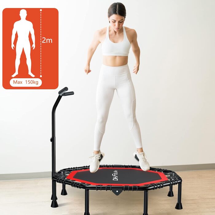 DH FitLife фітнес-батут складаний 128 см, тиха гумова підвіска, без монтажу, для дому та вулиці, 3-рівневий регульований поручень, червоний