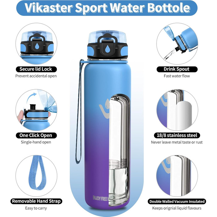 Термос-пляшка Vikaster 500 мл/1000 мл, нержавіюча сталь, без BPA, для спорту, подорожей, фітнесу (чорний & винно-червоний, блакитний & фіолетовий)