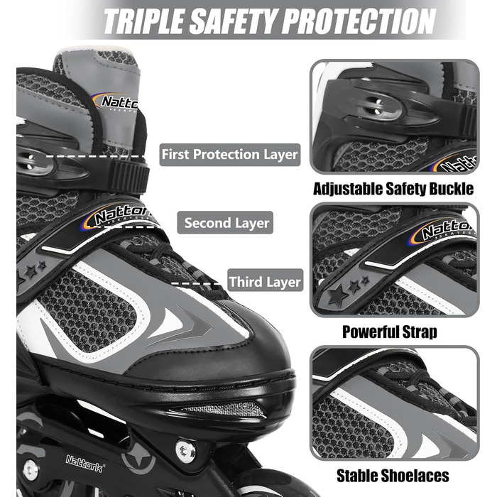 Роликові ковзани Nattork для дітей з підсвічуванням коліс, чорні (27-31)