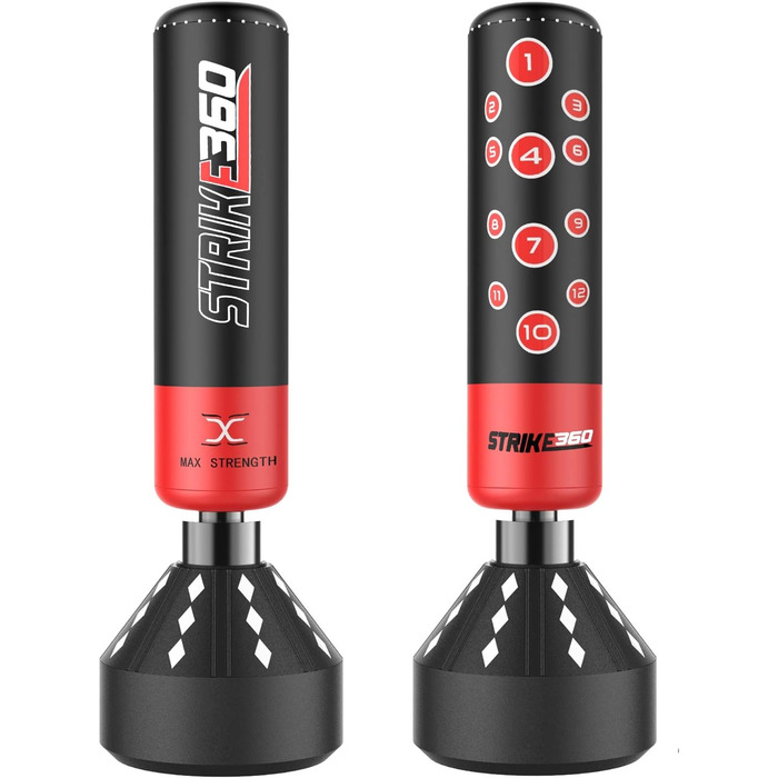 Вільностоячий боксерський мішок MAXSTRENGTH 1,7 м, міцний, для MMA, UFC, тренувань з бойових мистецтв, Strike 360, чорний/червоний