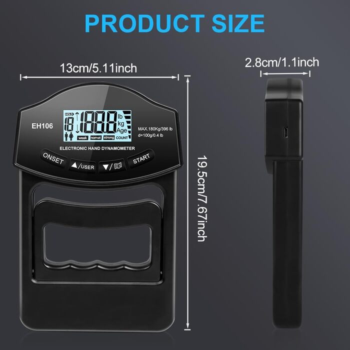 Електронний динамометр для вимірювання сили хвата, USB, 180 кг
