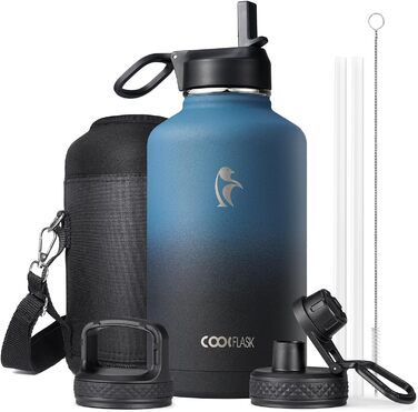 Термос пляшка для води 2 л Coolflask з нержавіючої сталі з трубочкою та 3 кришками, подвійна вакуумна ізоляція, для спорту та офісу, сірий, не протікає