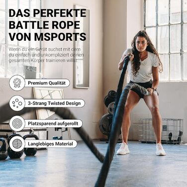 Тренажер Battle Rope MSports Professional Studio Qualität 15 м, 5 см | Серальній тренажер для фітнесу, штанговий тренажер, чорний/червоний