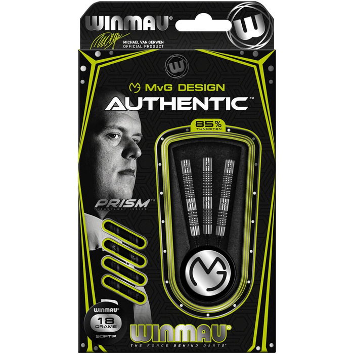 Дартс набір WINMAU Michael Van Gerwen MvG Authentic 22г, професійний, вольфрамовий, Softip, з оперенням і стрижнями