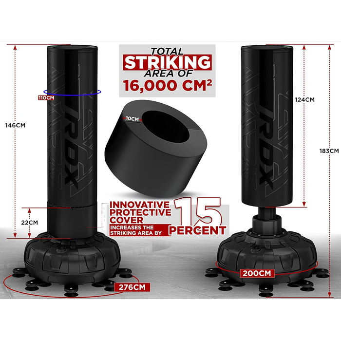 Стенд-боксерський мішок RDX 6FT (183 см) з рукавичками та чохлом, XXL, для ММА, кікбоксингу, боксу, муай-тай, чорний