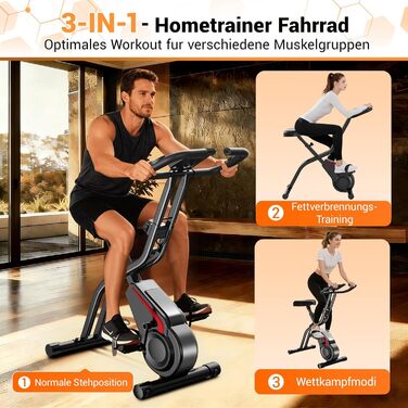 Ергометр UMAY Hometrainer 5-в-1: Велотренажер складаний для дому, магнітний, 16 рівнів, з пульсометром та LED дисплеєм, чорний, до 136 кг